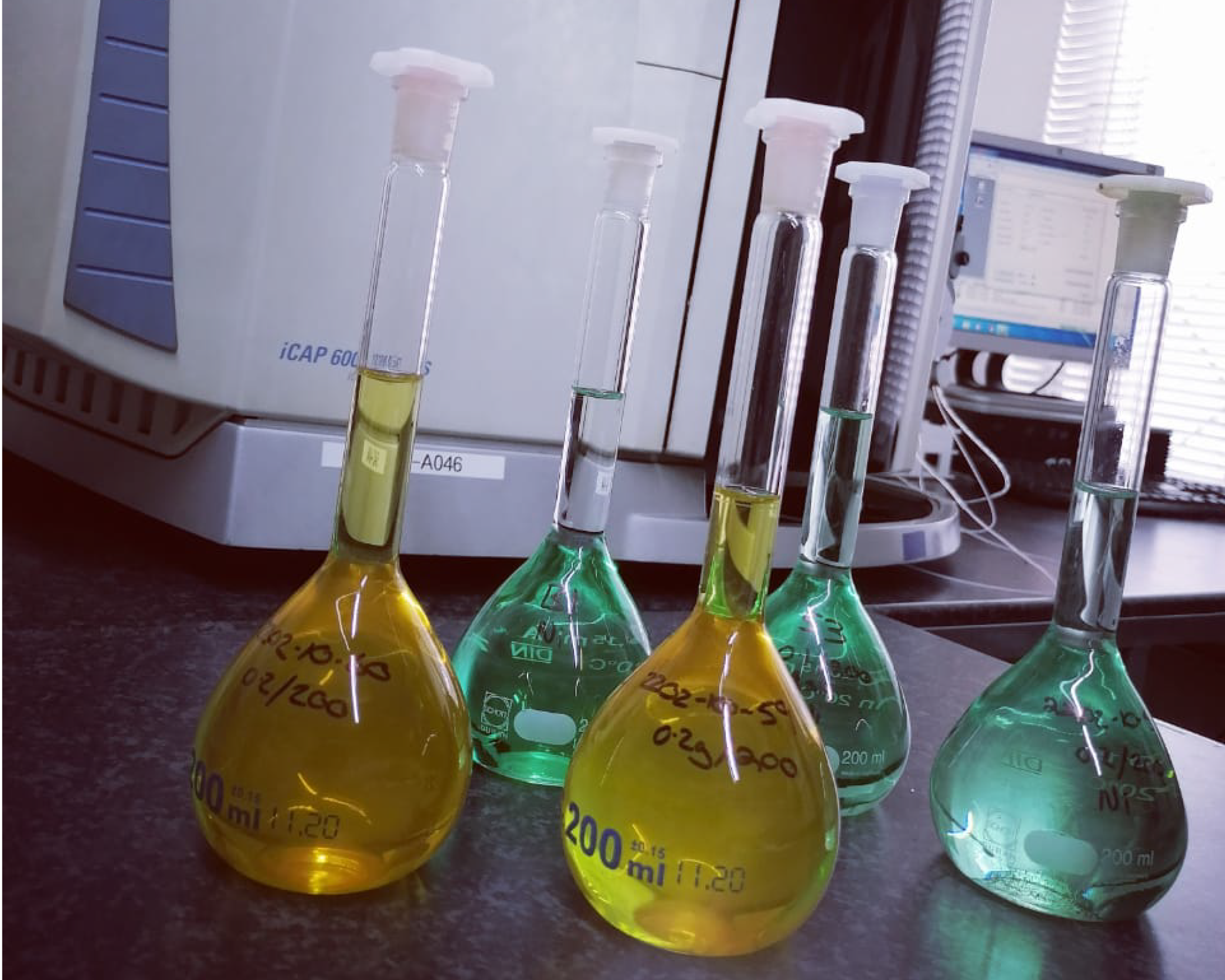 Chemicals in flasks